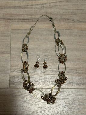 Gold-Tone Brown Bead Cluster Necklace and Earrings Set - Women Jewelry